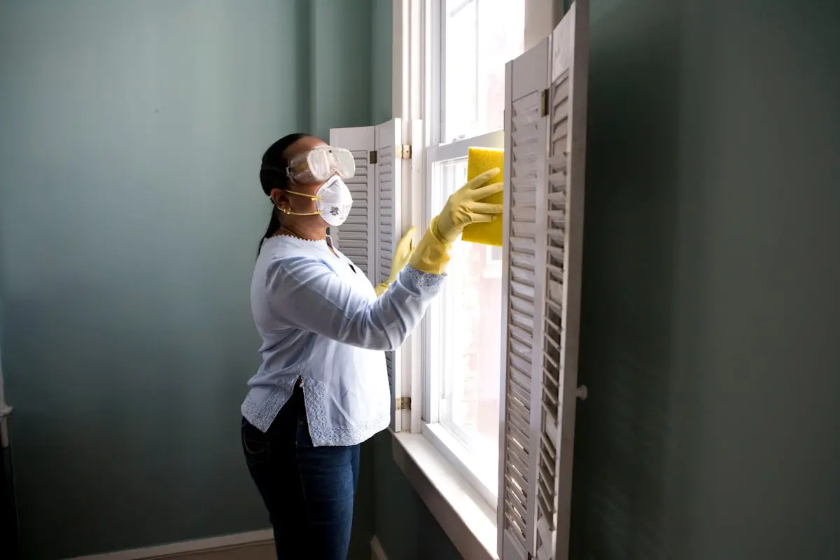 A cleaner in goggles and gloves wiping down the interior shutters of a bright room.