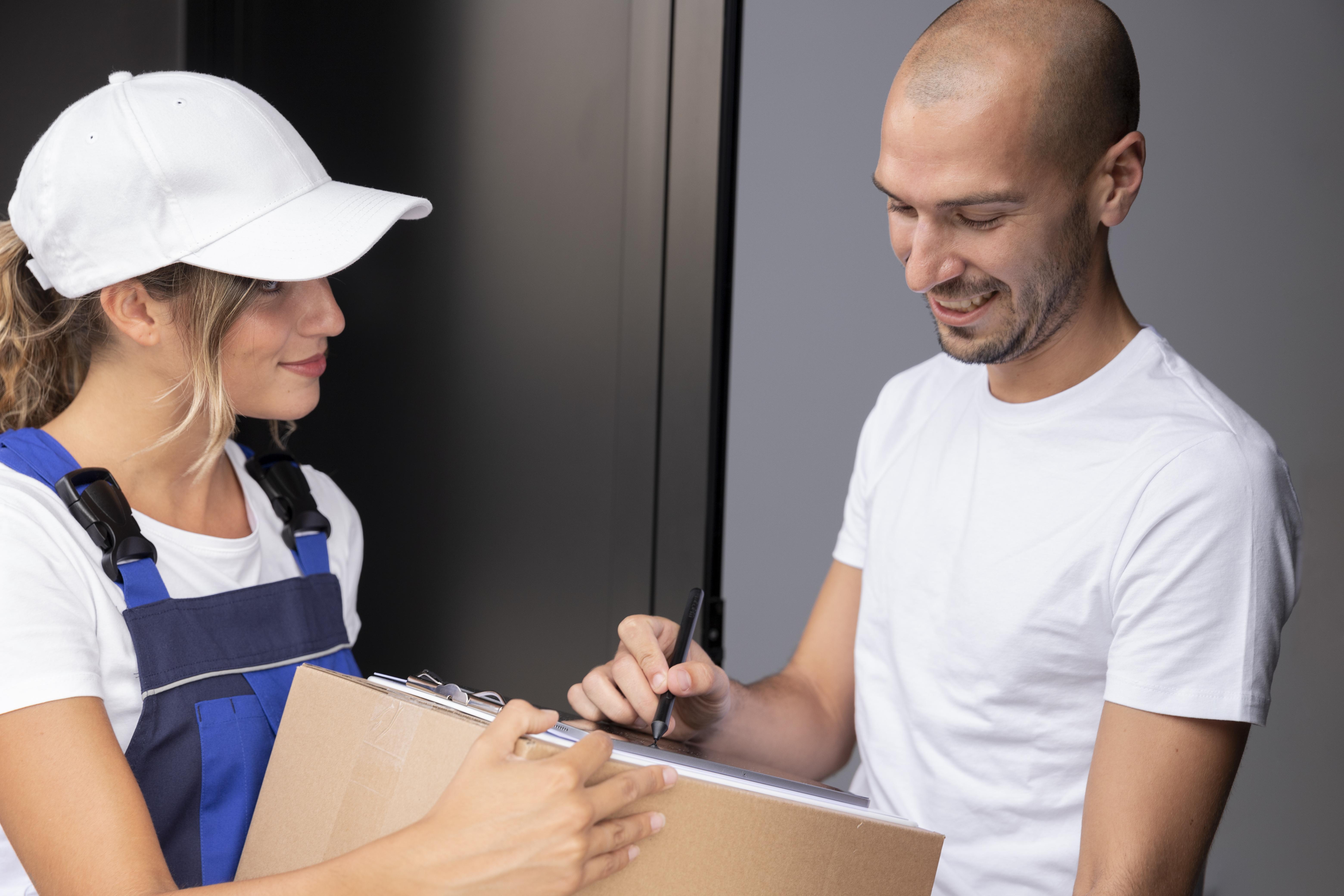 A delivery driver handing a cardboard parcel to a customer, who signs for it at the door.